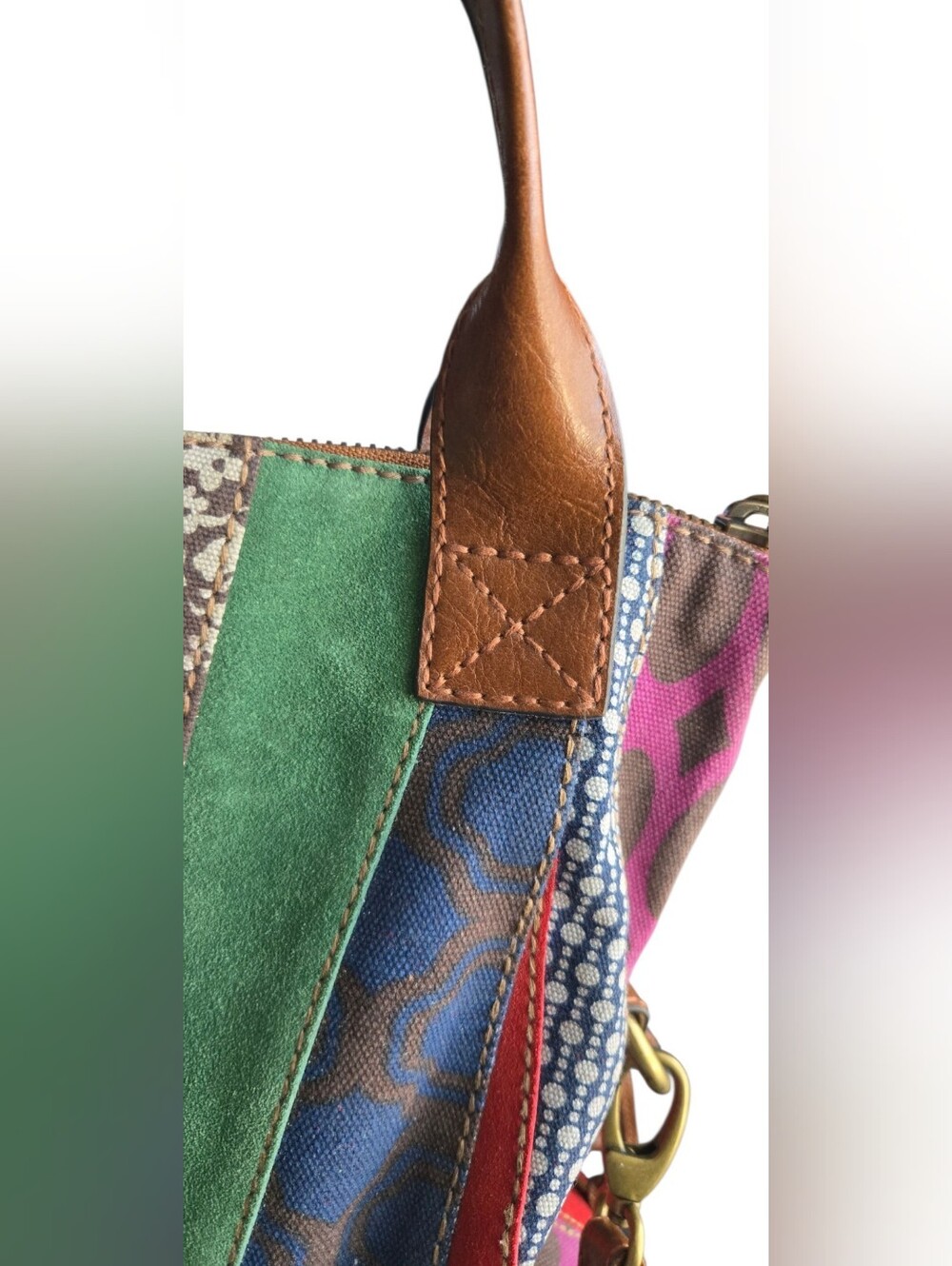 Fossil Patchwork Tote Crossbody Bag Multicolor Suede Canvas Leather Key Charm - Picture 12 of 16